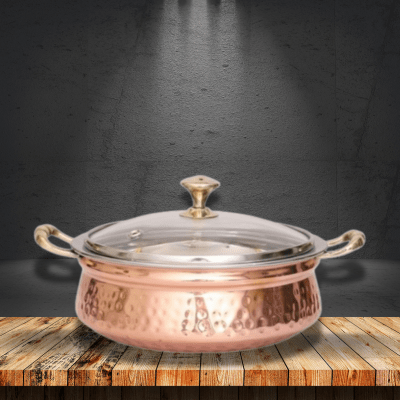 2200 ML Steel Copper Hand-Hammered Design Handi/Bowl/Casserole with Toughened Glass Lid