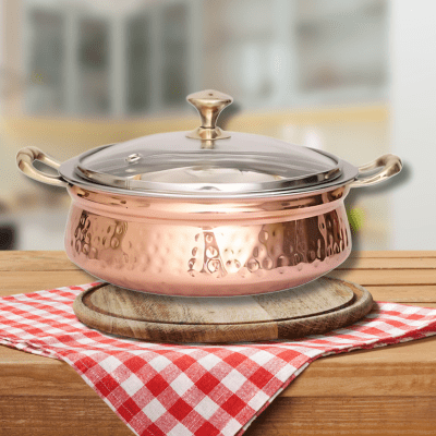 500 ML Steel Copper Hand-Hammered Design Handi/Bowl/Casserole with Toughened Glass Lid