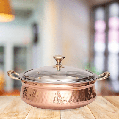 750 ML Steel Copper Hand-Hammered Design Handi/Bowl/Casserole with Toughened Glass Lid